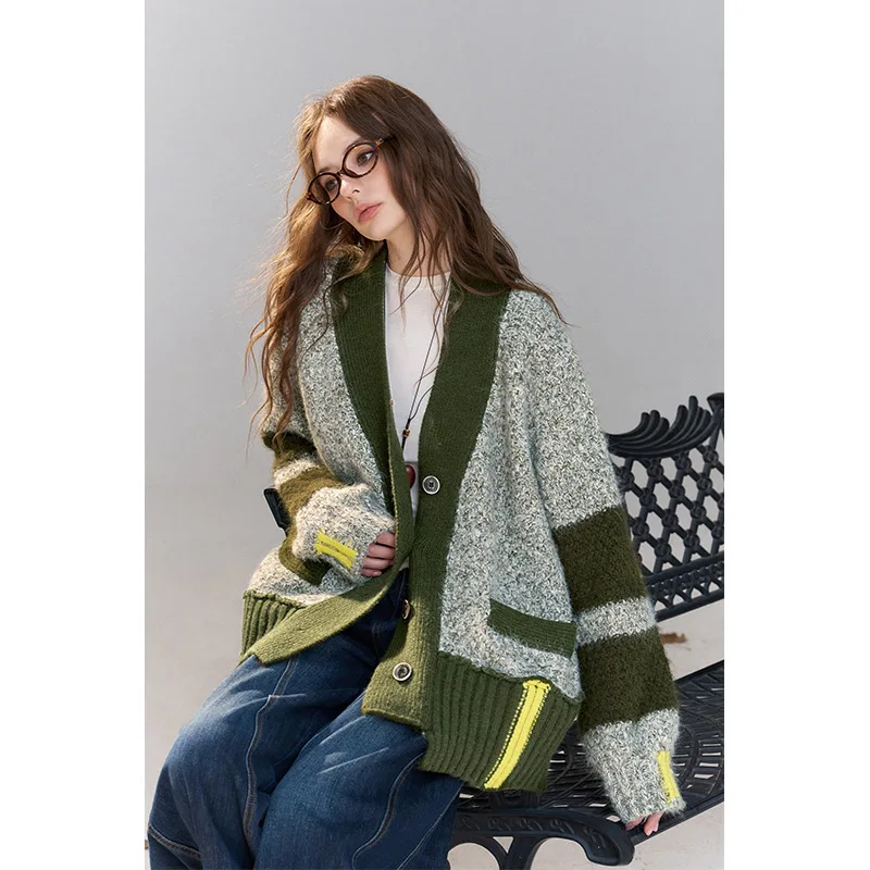 ELFSACK Women's Striped Knit Cardigan with Contrast Trim, Loose Long Sleeve Color Block Coat for Daily Casual Wear
