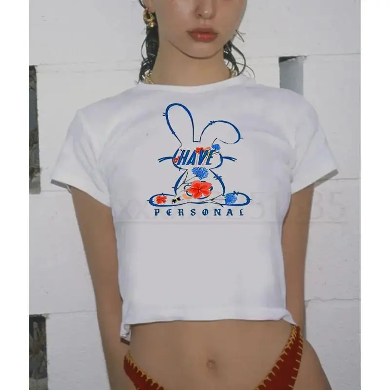 Cute Goth Y2k Crop top Harajuku Graphic Bunny Trick or Treat Print Streetwear Baby Tee Streetwear Retro 90s Short Sleeve T-shirt