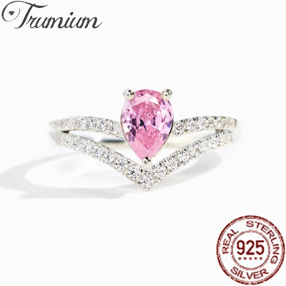 

Trumium S925 стерлингового серебра капля воды двухслойные кольца с цирконом для женщин розовое грушевидное обручальное кольцо подарки на годовщину