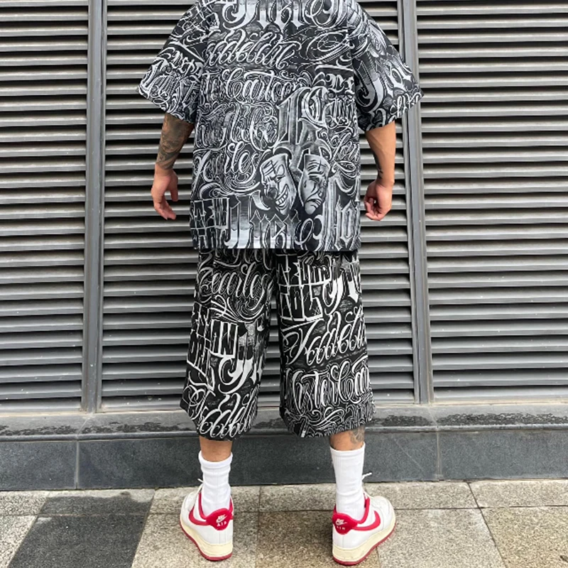 Streetwear West Coast Full Print Floral Over Knee Shorts for Men Summer Patchwork Wide Leg Baggy Five Points Pants Oversized