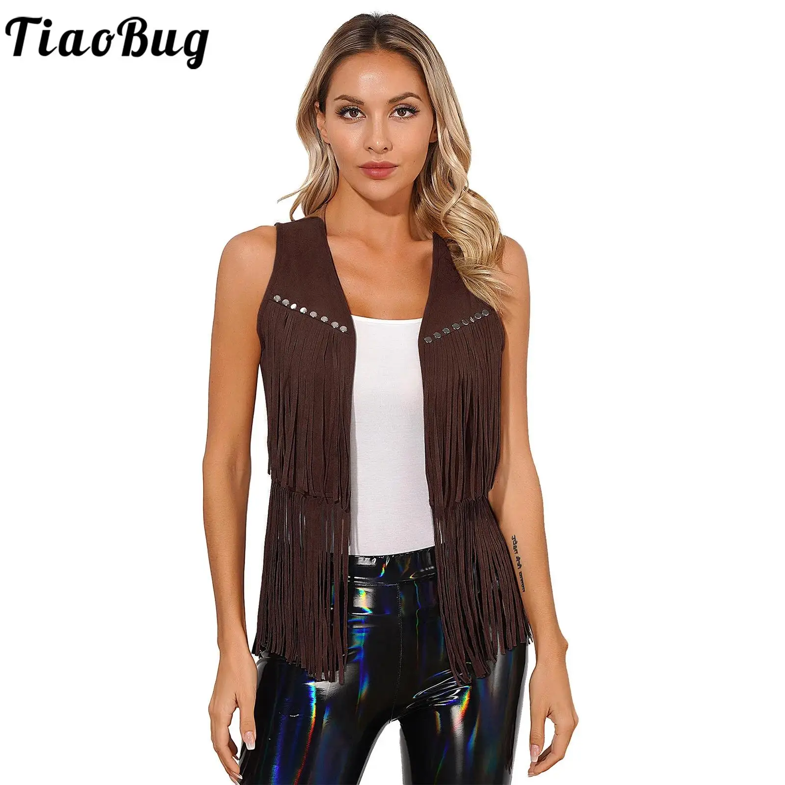 

Western Cowboy Costume Women Cowboy Vest Halloween Carnival Party Grunge Rock Role Play Tops Faux Suede Tassel Rivets Waistcoat