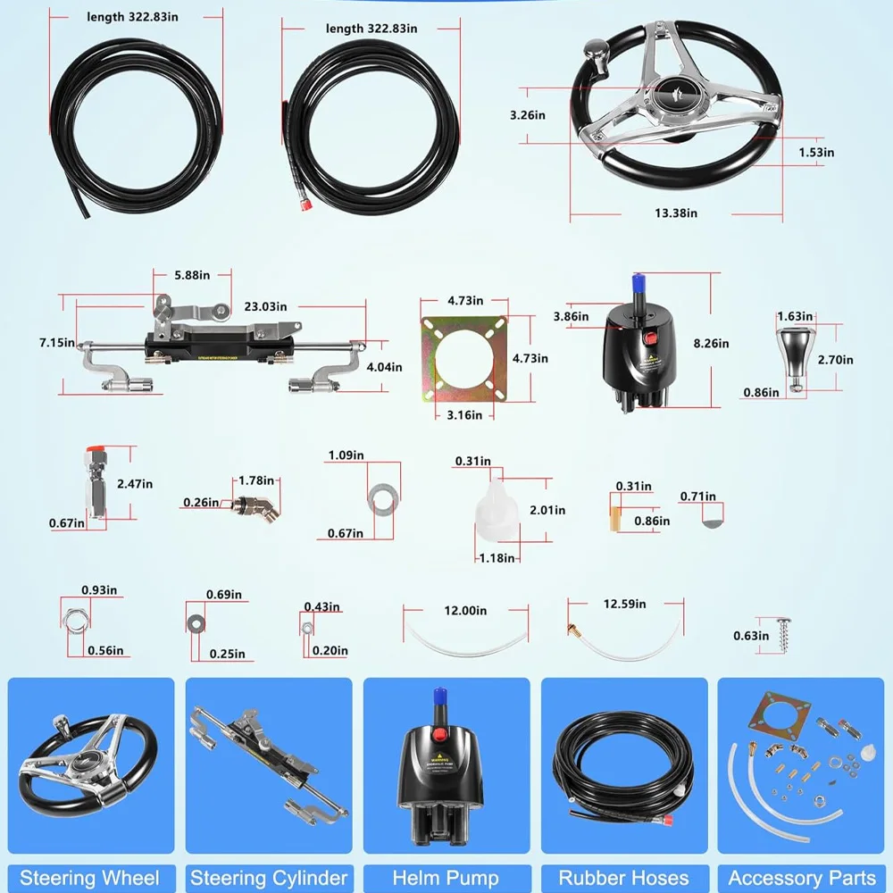 350HP Boat Outboard Hydraulic Steering System Kit with Durable Aluminum Alloy Steering Wheel Hydraulic Steering Cylinder Helm Pu