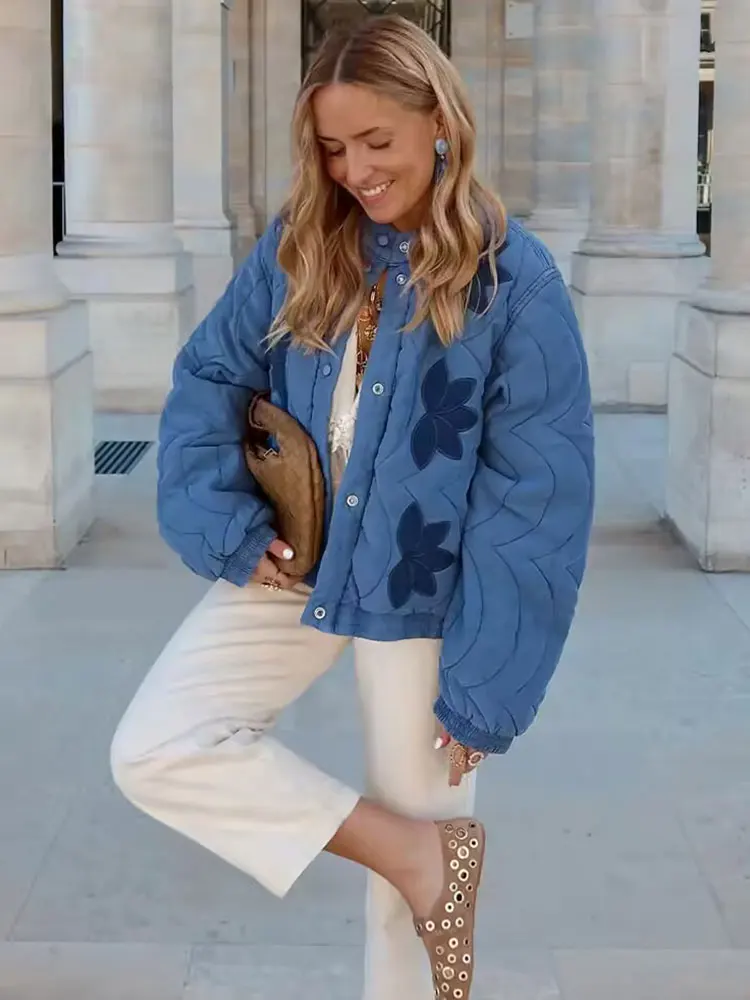HH Damesmode Bloemenborduurwerk Gewatteerde jassen Single Breasted Lange mouw Jas Herfst Losse Casual Zwangerschapsoutfit Top