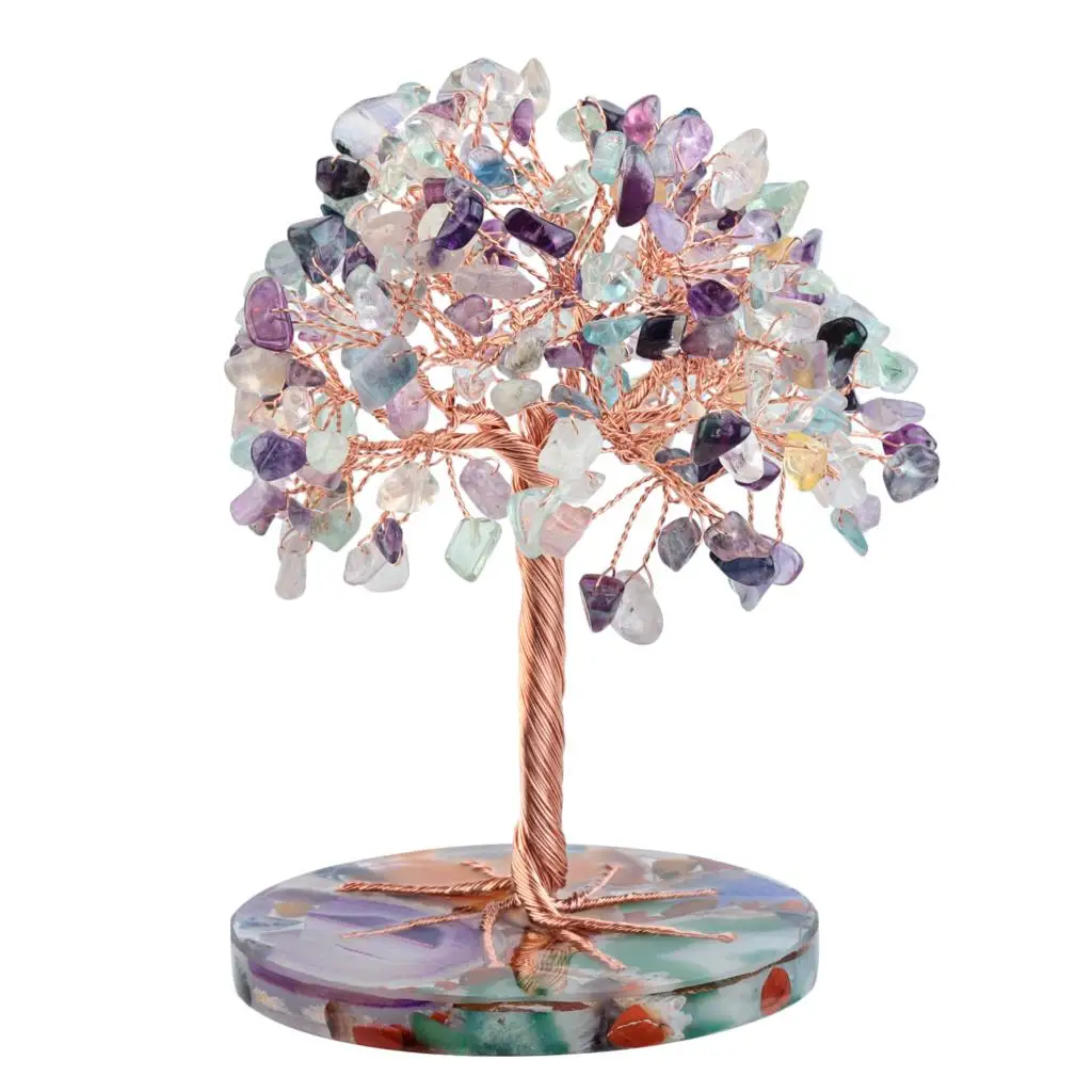 Mini Crystal Tree With Agate Slice Resin Base Natural Amethyst Gemstone Lucky Money Tree For Fengshui Room Decor Home Ornaments