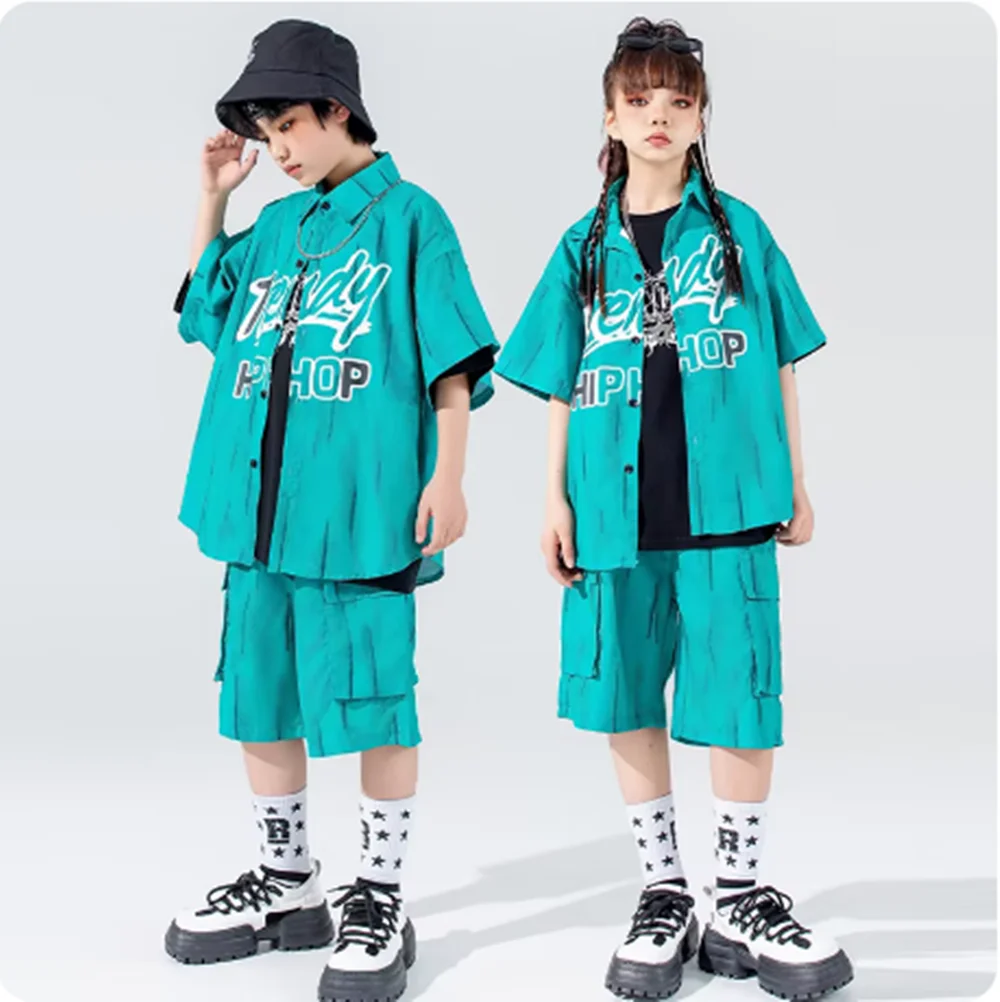 

Children Street Dance Performance Outfit Boys Jazz Dance Costume Girls Hip Hop Stage Wear Oversize Shirt Shorts Balck Top