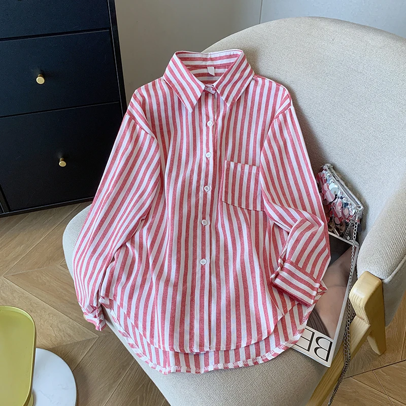 

Vintage Stripe Shirt Women Blouses Casual Loose Long Sleeve Top Spring/Summer Basic Long Shirt Coat
