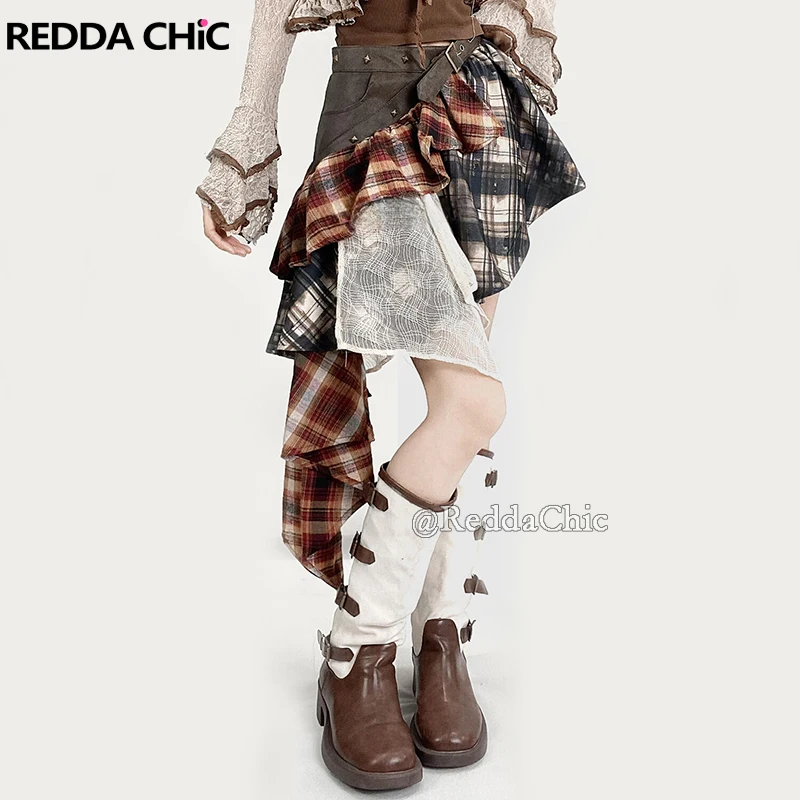 

REDDACHiC клетчатая кружевная женская мини-юбка в стиле панк с заклепками, кожаная асимметричная юбка с низкой талией и струящимися рюшами, летняя одежда в стиле ретро