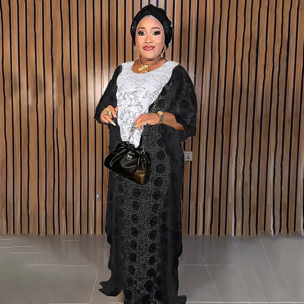 فستان دانتيل نسائي أفريقي مقاس كبير مع أكمام خفاش وخط عنق مثقاب ساخن من أجل