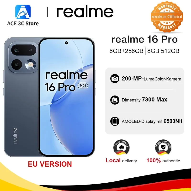 Neu eingetroffen: realme 16 Pro 5G Smartphone (europäische Version) – 200-MP-LumaColor-Kamera, 6500-nit-AMOLED-Display, 6500-mAh-Akku, NFC