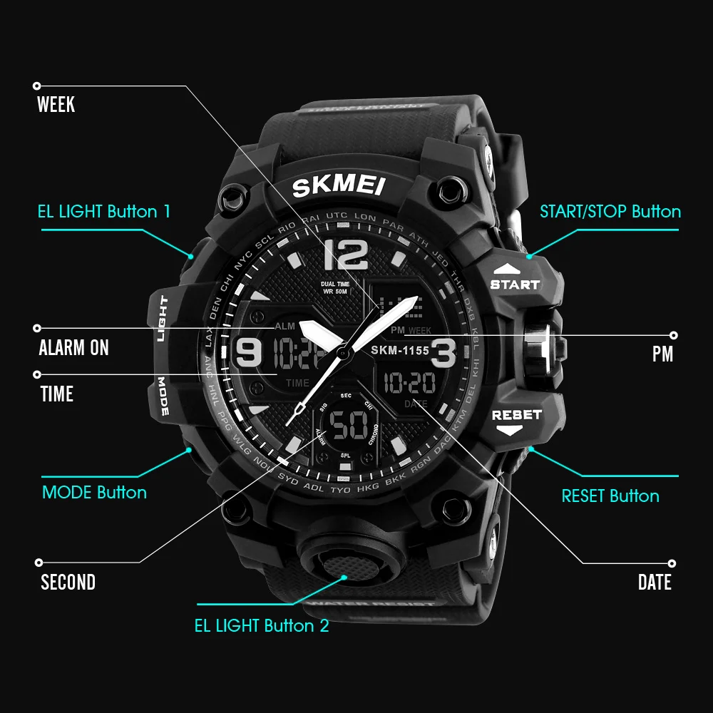 SKMEI 1155B 5Bar reloj de pulsera deportivo para hombre, cronógrafo Digital militar con pantalla Dual, resistente al agua