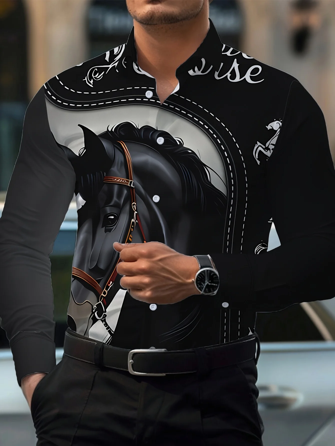 Men Long-Sleeve Button-Down Shirt Western Black Horse Portrait Print Polyester Lapel Collar Party Top