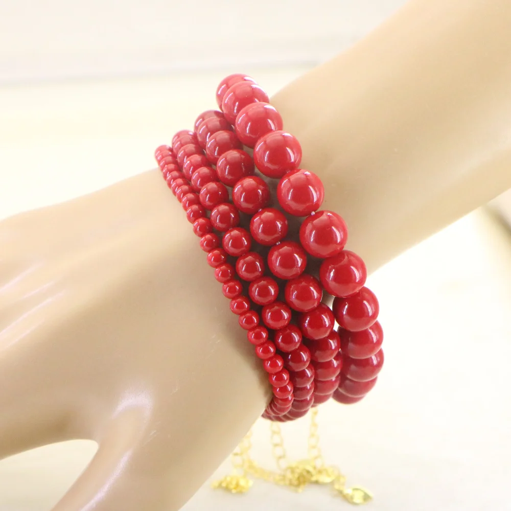 Vintage Red Coral Bracelet Jewelry Smooth 4-10mm Stone Beaded Extend Bracelet Bangle for Women Yoga Can Be Used As A Keyring