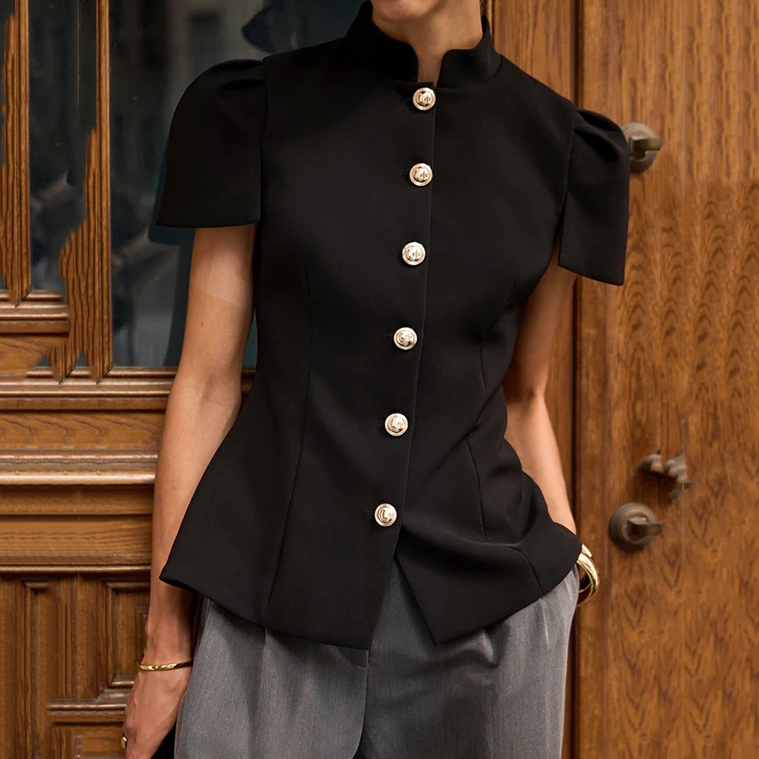 Blusa Vintage Negra de Manga Corta Abullonada para Mujer, Camisa Elegante de Verano con Cuello Mao, Blusa Urbana Chic de Un Solo Botón para Dama 2026