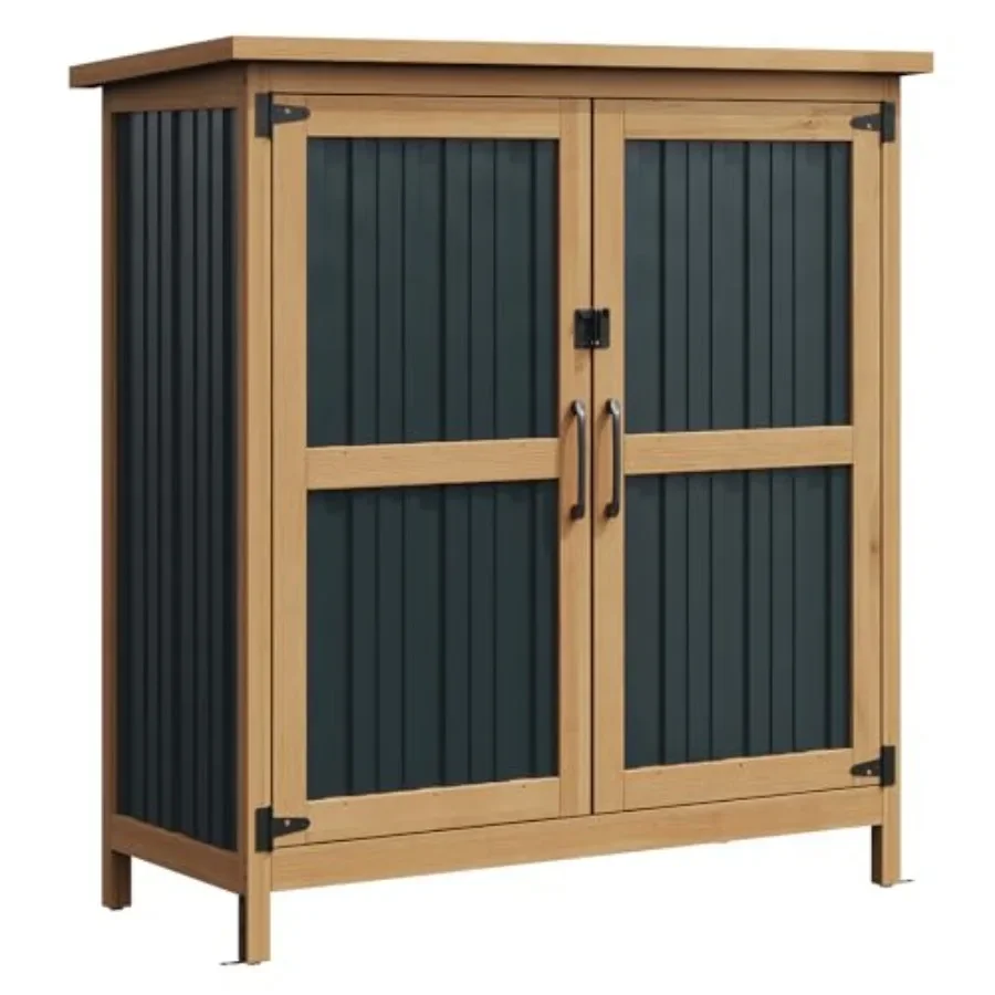 Outdoor Storage Cabinet Shed for Patio Use Wood and Metal Vertical Cabinet in Gray with Weatherproof Finish