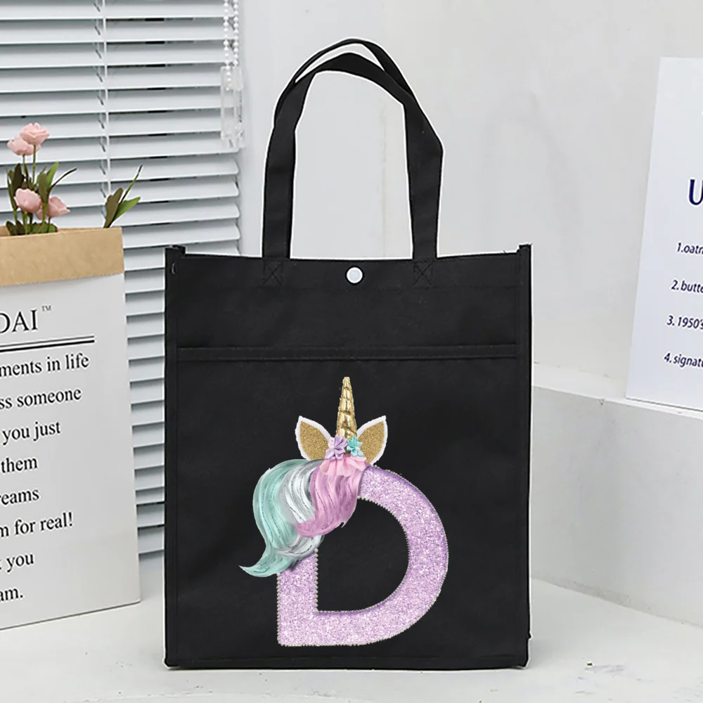 Unicorn Initial Print Children\'s Tuition School Bag Girls Carry Bag Cartoon for Kids Hand-carry Tuition Bags Student Totes Pouch