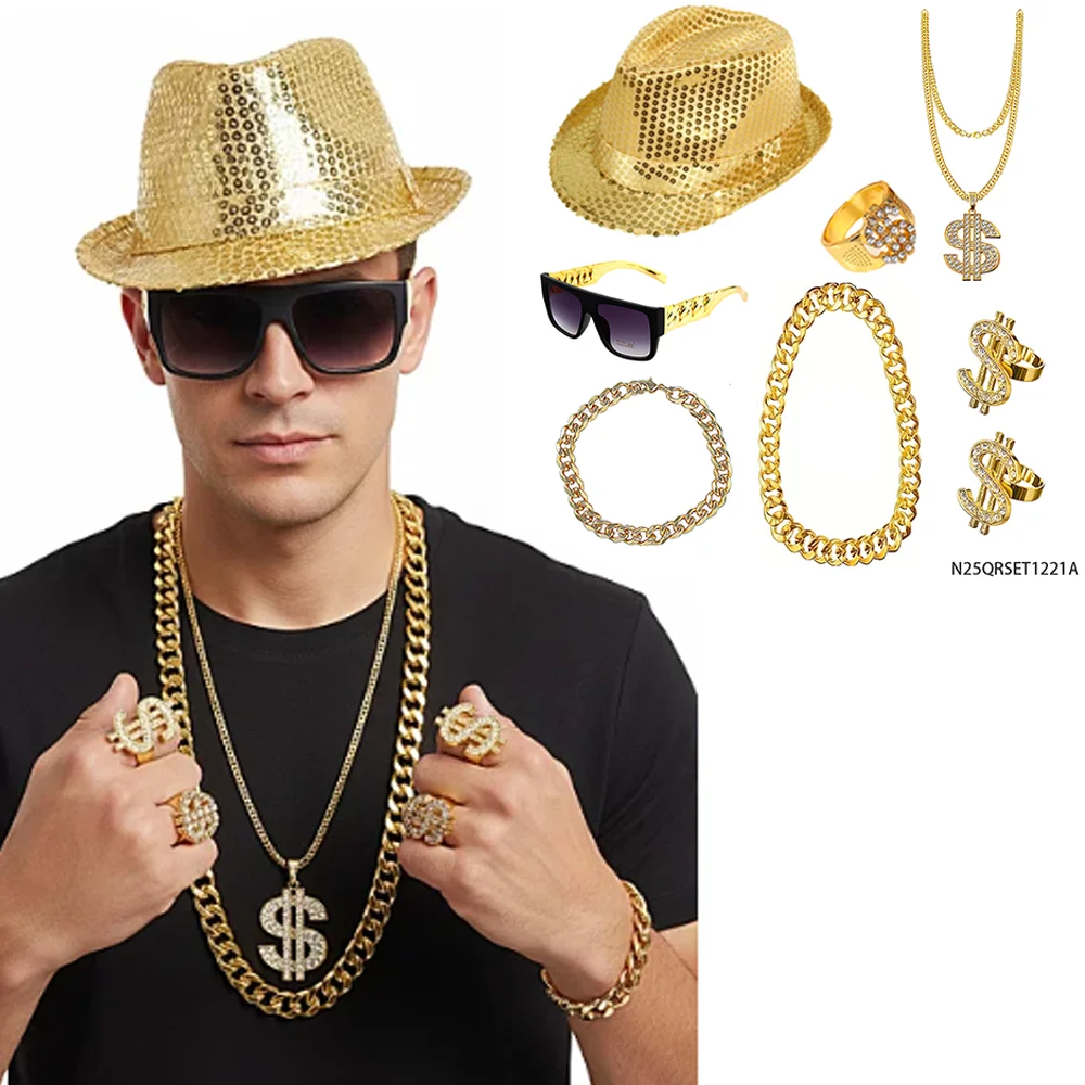 PESENAR 90s Retro Hip Hop Costume Set Sequin Hat Dollar Jewelry Gold Chain Sunglasses Party Accessory