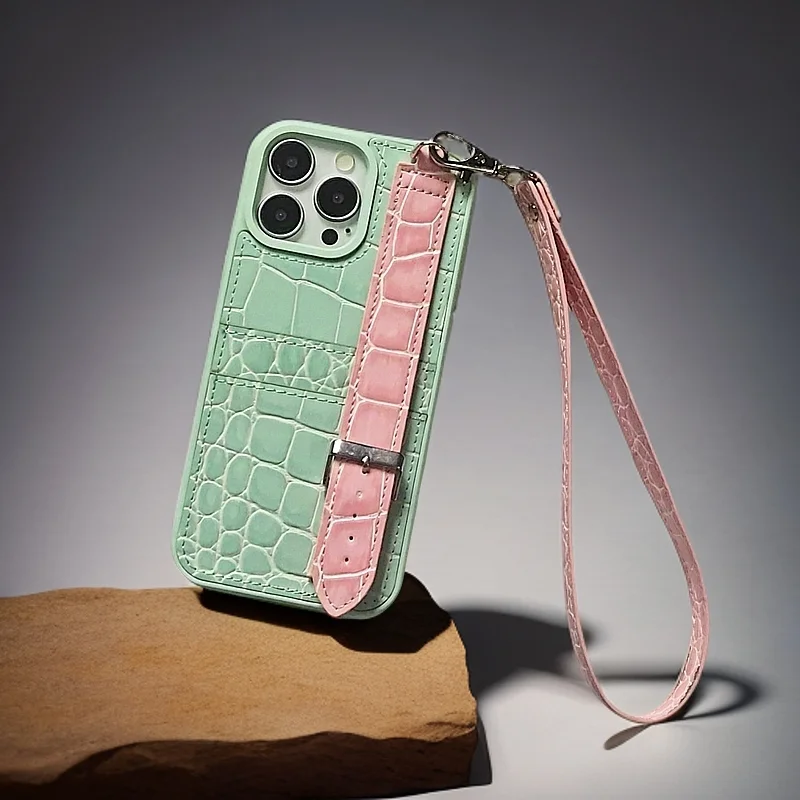 

IPhone 15 Pro Max case with crocodile skin texture, full coverage, wrist strap and a card slot in solid color