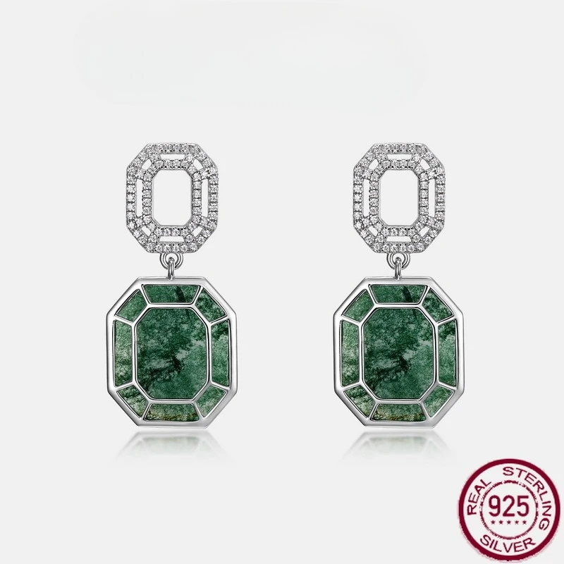 

New S925 pure silver atmospheric light luxury natural green moss stone inlaid with water grass agate earrings wedding jewelry