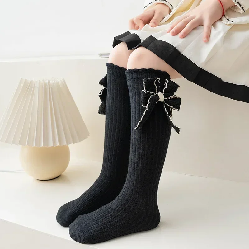 Spring Sweet Cool Calf Sock for Kid Girl Black White JK Bow Knee High Long Sock for Girl Soft Cotton School Stockings