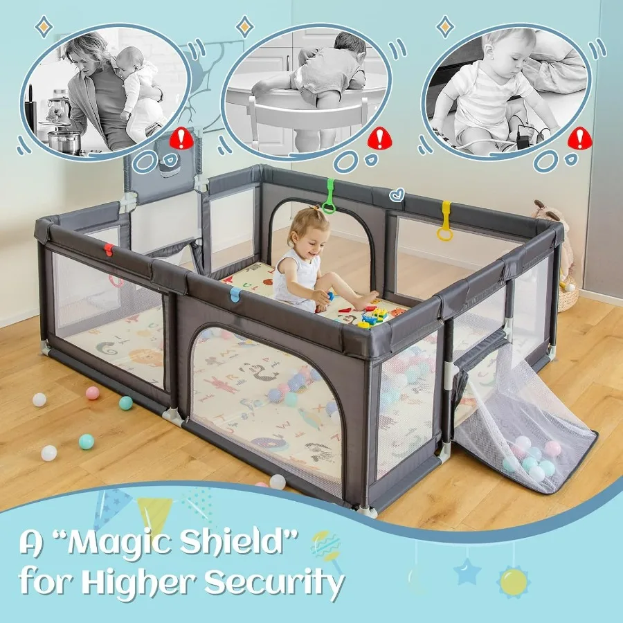 คอกกั้นเด็ก 74 x 62 ซม. ขนาดใหญ่พิเศษ พร้อมแผ่นรองคลาน 50 ลูกบอลทะเล 4 ห่วงบอลพองลม ห่วงบาสเก็ตบอล และลูกฟุตบอล 2 ลูก