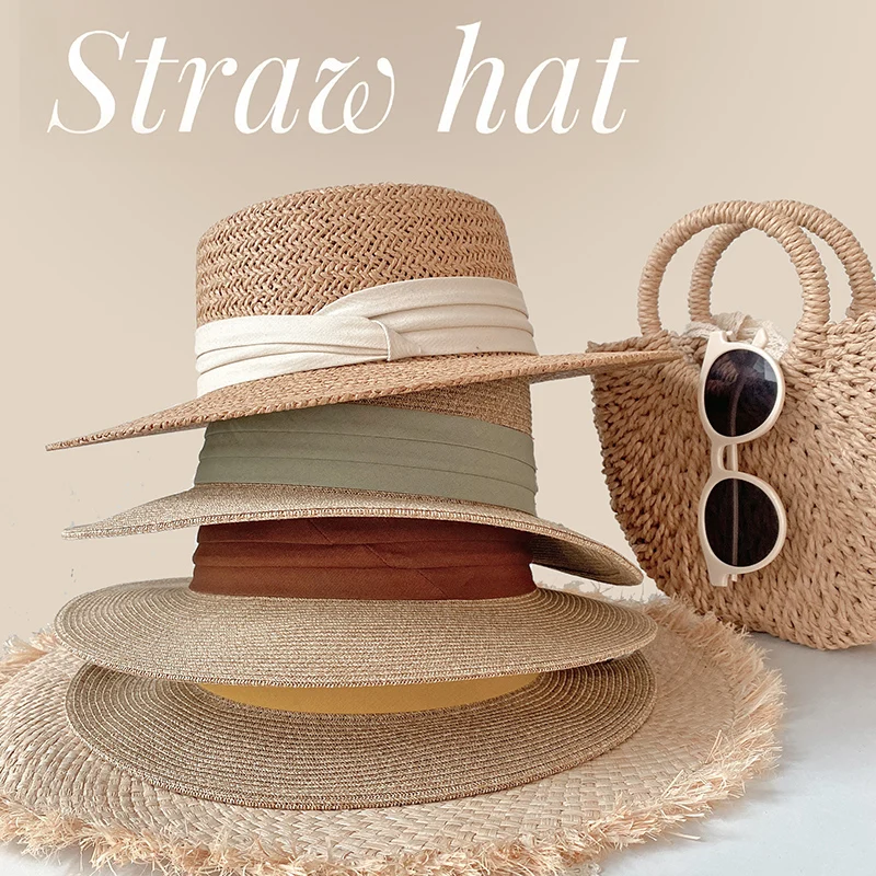 INS French Style Women Summer Sun Beach Flat Straw Hat Kawaii Vacation Panama Straw Woven Small Top Hat White Ribbon Bow Gorras