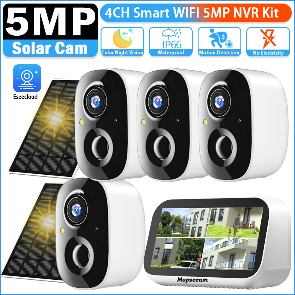 

2 Way Audio 5MP 4CH 4.3 Inch LCD NVR CCTV Kit Outdoor Wateproof Solar Wifi Bullet Camera Security Surveillance System Kit 4CH