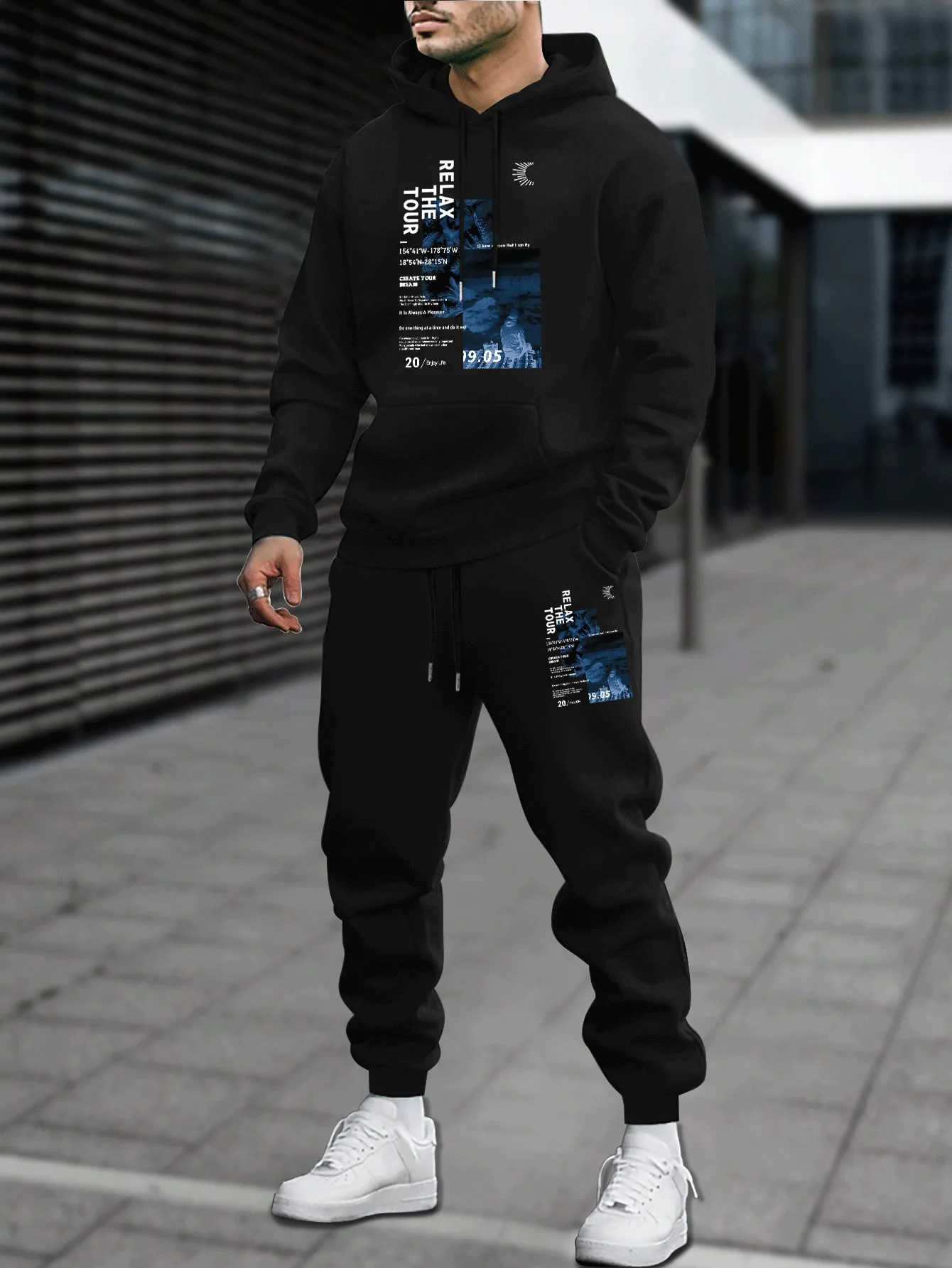 Men Autumn Winter Hoodie Sweatpants 2 Piece Set American High Street Graphic Print Tracksuit Male Lo