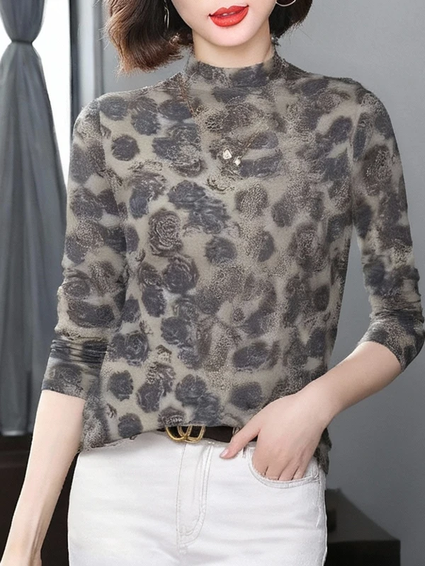 

Elegant Long Sleeve Printed Base Shirt Women's Fashionable Mommy Style High Neck Autumn Winter New Arrival Polyester Fiber