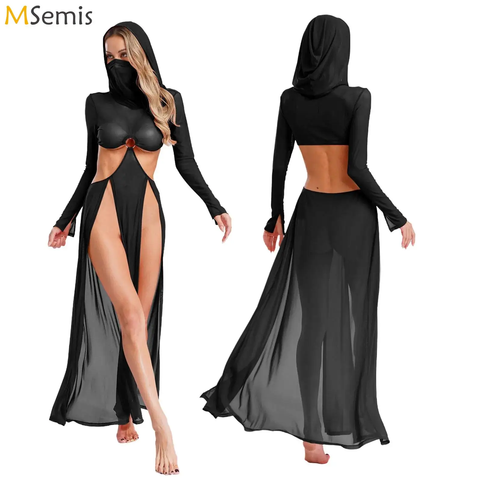 

Pole Dance Dresses Women Summer Club Party Bodycon Hollow Out Sexy Hooded Face Mask Split Maxi Dresses Open Waist Long Vestidos