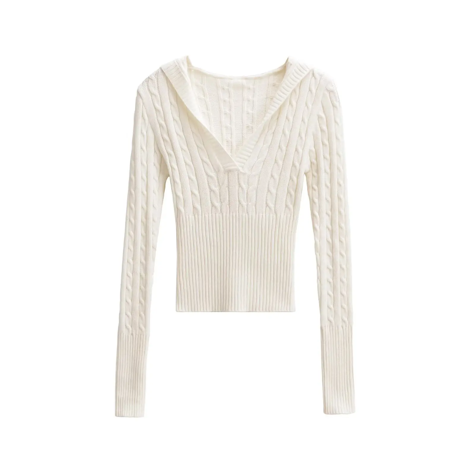 بلوفرات نسائية محبوكة متقاطعة مع قلنسوة ورقبة على شكل حرف V سترات تريكو مرنة ضيقة بلون واحد