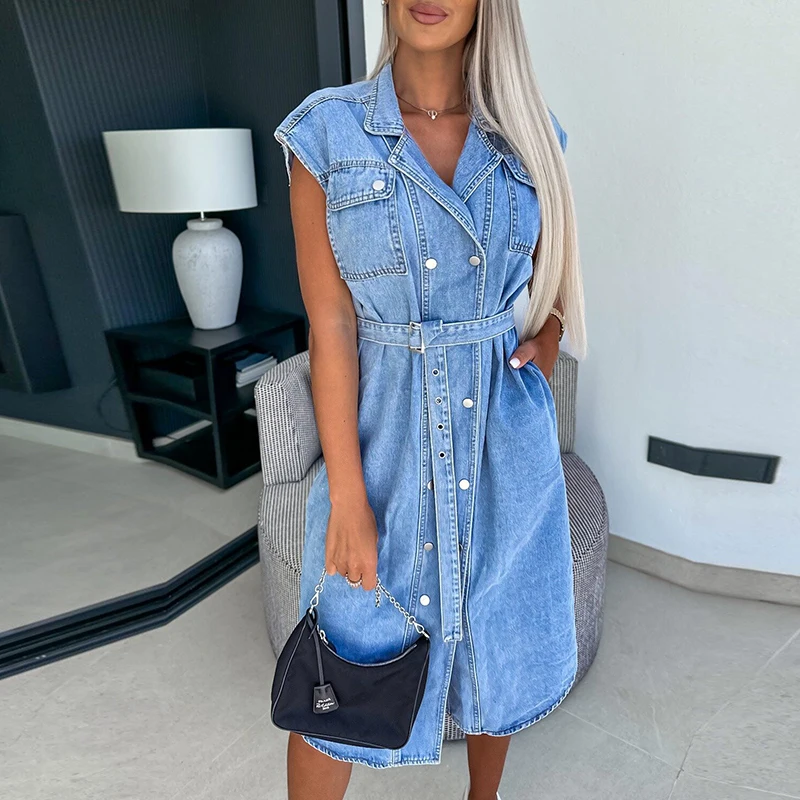 Temperament rekreacyjny sznurowana kieszonkowa damska sukienka Retro nowy guzik sukienki Midi przedsionek moda z dekoltem w szpic proste sukienka jeansowa dojazdów do pracy