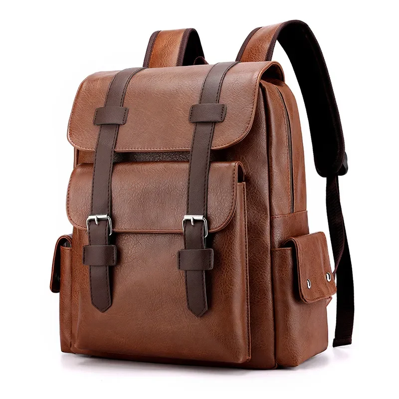 Leather Shoulder Backpack Waterproof Men Retro Large Capacity Casual Business Laptop Bags for Students Schoolbag Travel Fashion