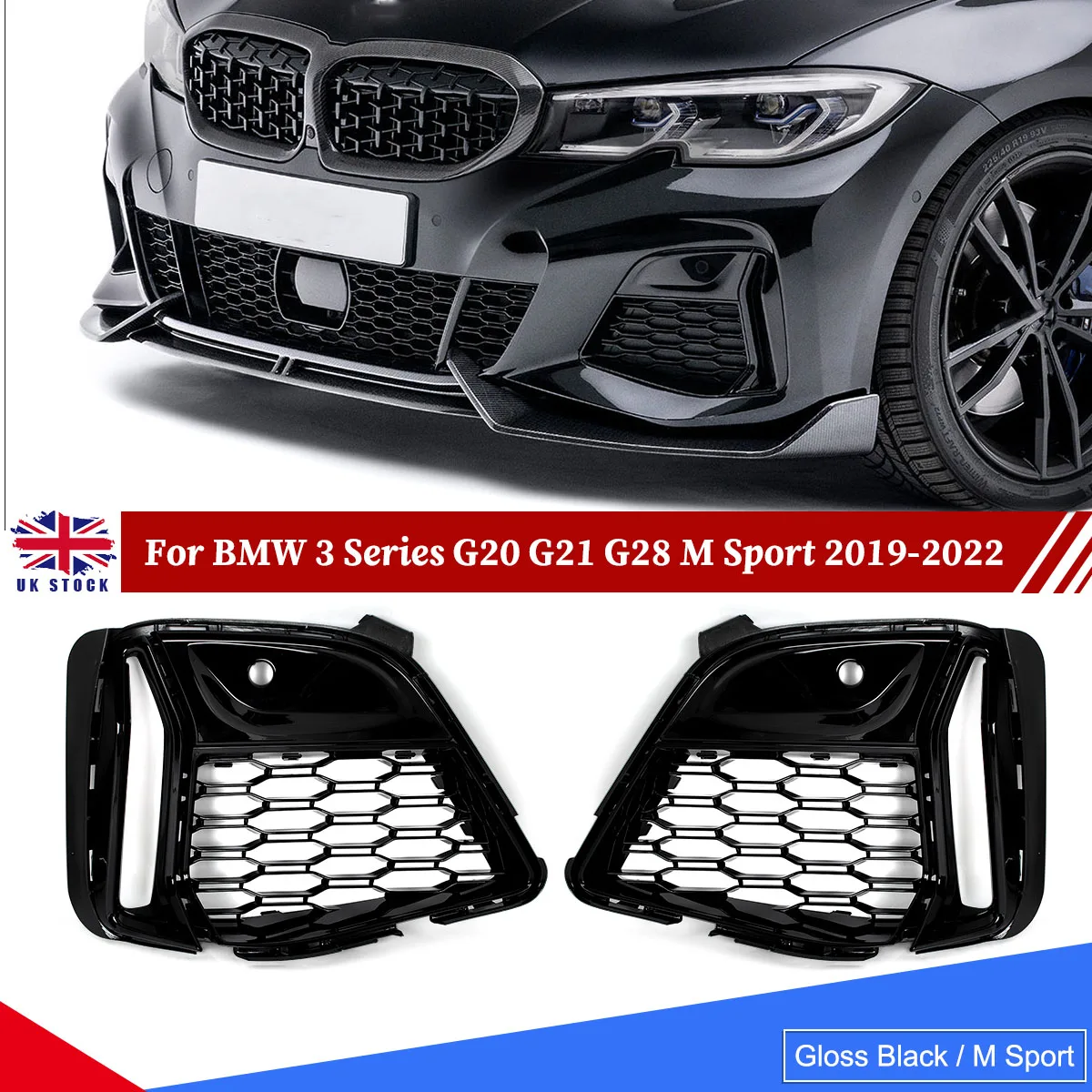 

M Sport Style Front Fog Lights Grille For BMW 3 Series G20 G22 G28 M340i 2019-2022 Fog Light Mesh Grille Glossy Black Magickit
