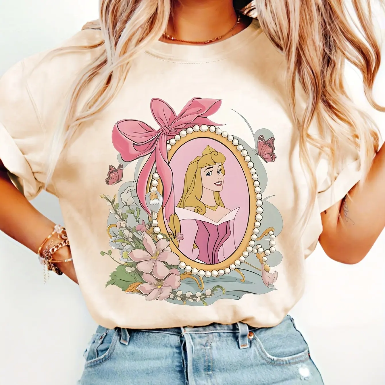 Camiseta de princesa Aurora de Disney para niña y niño, traje familiar para padres e hijos, informal, holgado, cómodo, de manga corta