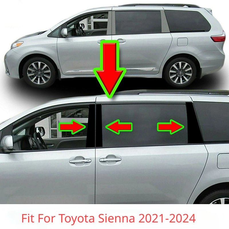 6 Pcs Car Glossy Black Pillar Posts Window Door Trims Cover Fit For Toyota Sienna 2021-2023 2024 Accessories Auto Exterior Parts