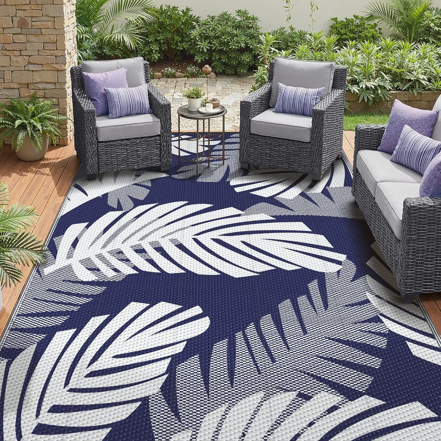 

Waterproof Outdoor Rug 9x12, Reversible Plastic Straw Area Rug for Patio, Camping, RV, Garden, Blue & White