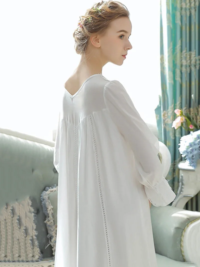 Women Pure Cotton Ruffles V-Neck Vintage Nightgown Robe Long Dress Victorian Romantic Princess Sleepwear Nightdress Home Clothes