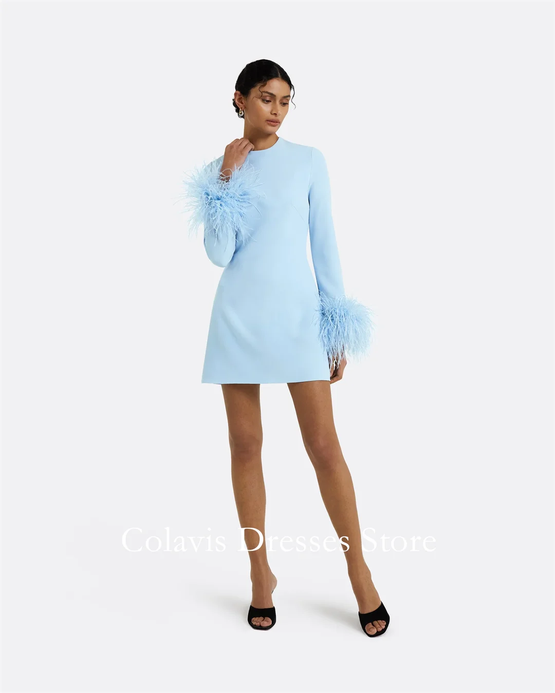 

2025 Customized O-Neck Sly Blue Feathers Mini Crepe Plus Size Prom Dresses Evening Dress Women Evening Gowns Formal Party Dress