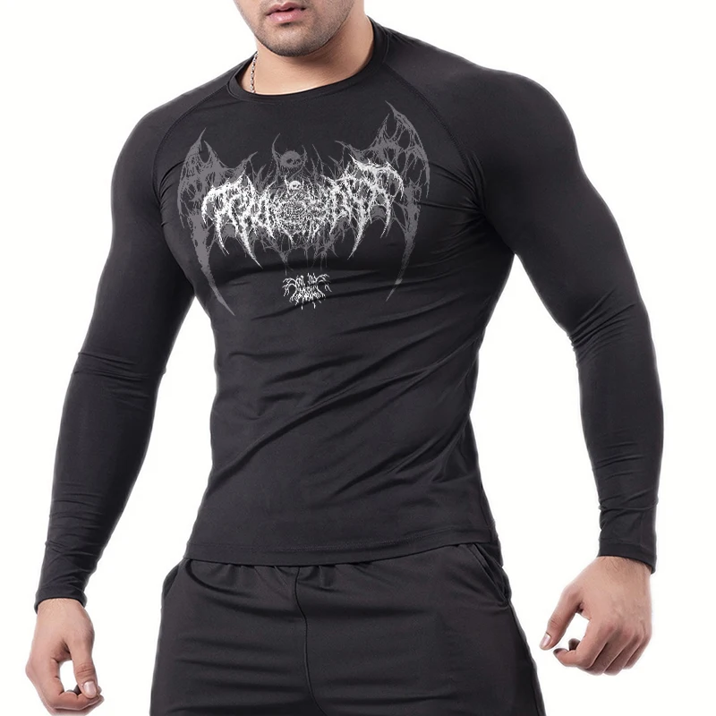 เสื้อคอมเพรสชั่นแขนยาวลายปีกหัวกะโหลกสำหรับผู้ชาย เสื้อออกกำลังกาย เสื้อวิ่ง เสื้อซับใน เสื้อกีฬา สำหรับฤดูใบไม้ผลิและฤดูใบไม้ร่วง