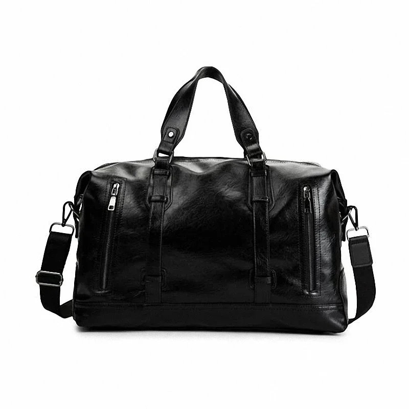 Quality Travel Weekend Bag Black PU Leather Couple Gym Bags Hand Luggage for Men and Women Fashion Overnight Duffle Bag