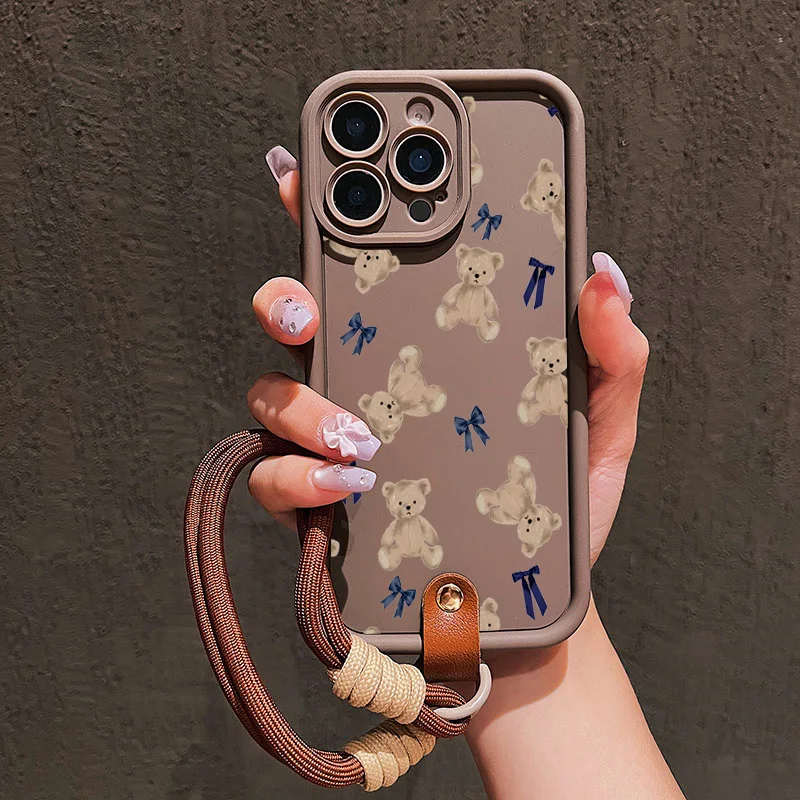 Cute Little Bear Bow Pattern Soft Lanyard Strap Rope Phone Case For iPhone 17 16 15 14 13 12 11 Pro Max 16E 17Air 7 8 Plus Cover