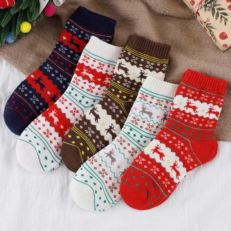 1/3/5/10 Pairs Random Women Mid-Calf Terry Socks, Christmas Cartoon Print, Thick Fleece Warm Autumn Winter Socks