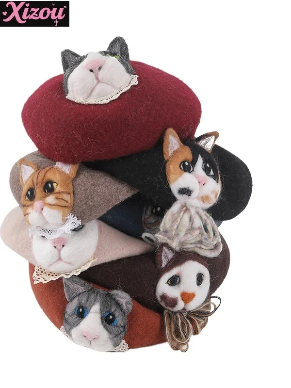 

Осень-зима 2022, новый шерстяной фетровый берет ручной работы, трехмерный берет из кошачьей шерсти, милая и милая забавная женская шапка