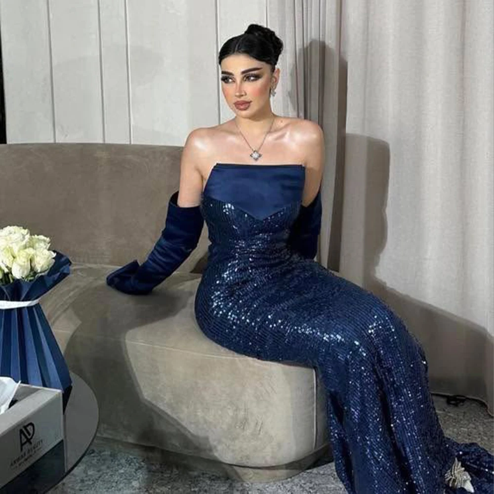 

Luxury Evening Dresses Strapless Long Sleeve Sequined Prom Dress Special Occasion Party Dress Customized فساتين سهرة