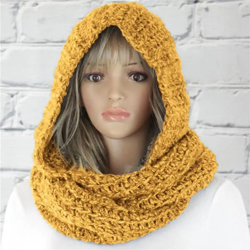 Fashion Hooded Scarf Women\'s Pure Color Cap Scarf Knitted Trend Scarf Beanie Hats for Women