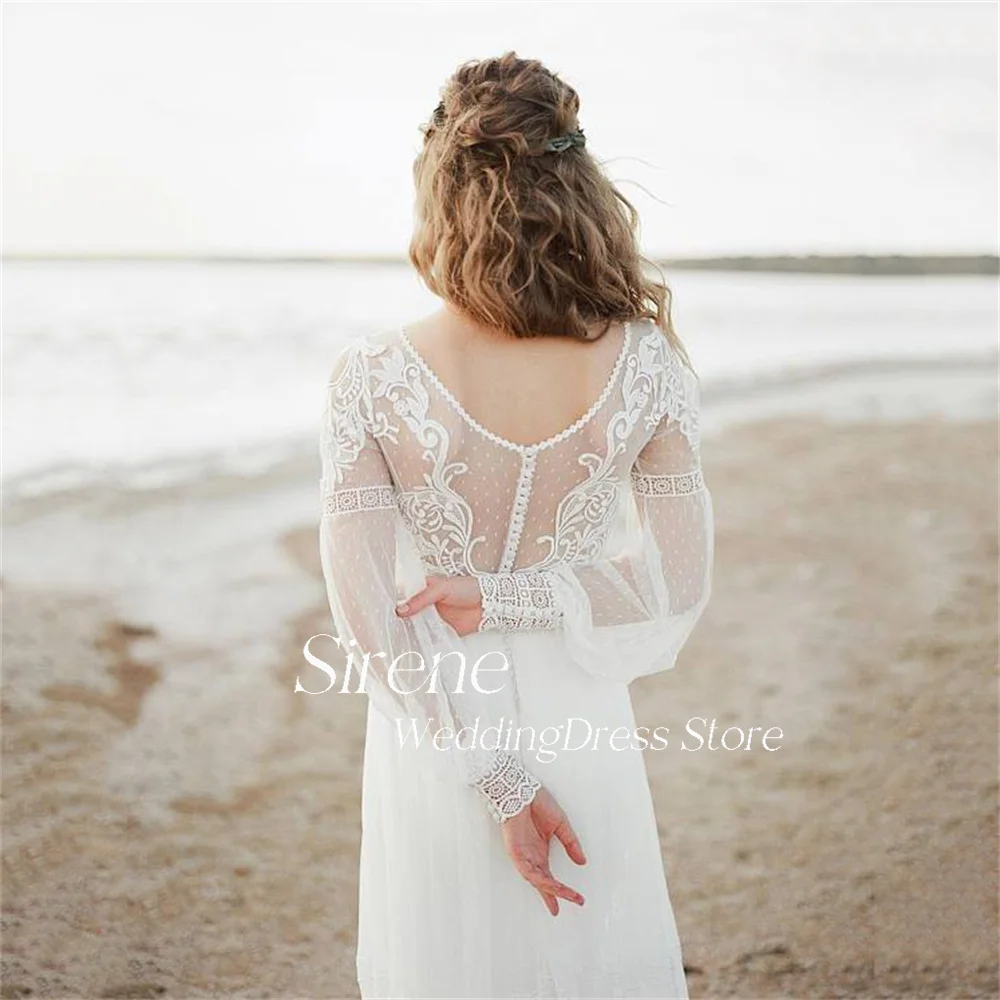 Sirene Boho Spitze Applikation Iiiusion Wave Point Tüll Brautkleid Strand exquisite lange ärmellose O-Ausschnitt A-Linie Brautkleid 2024