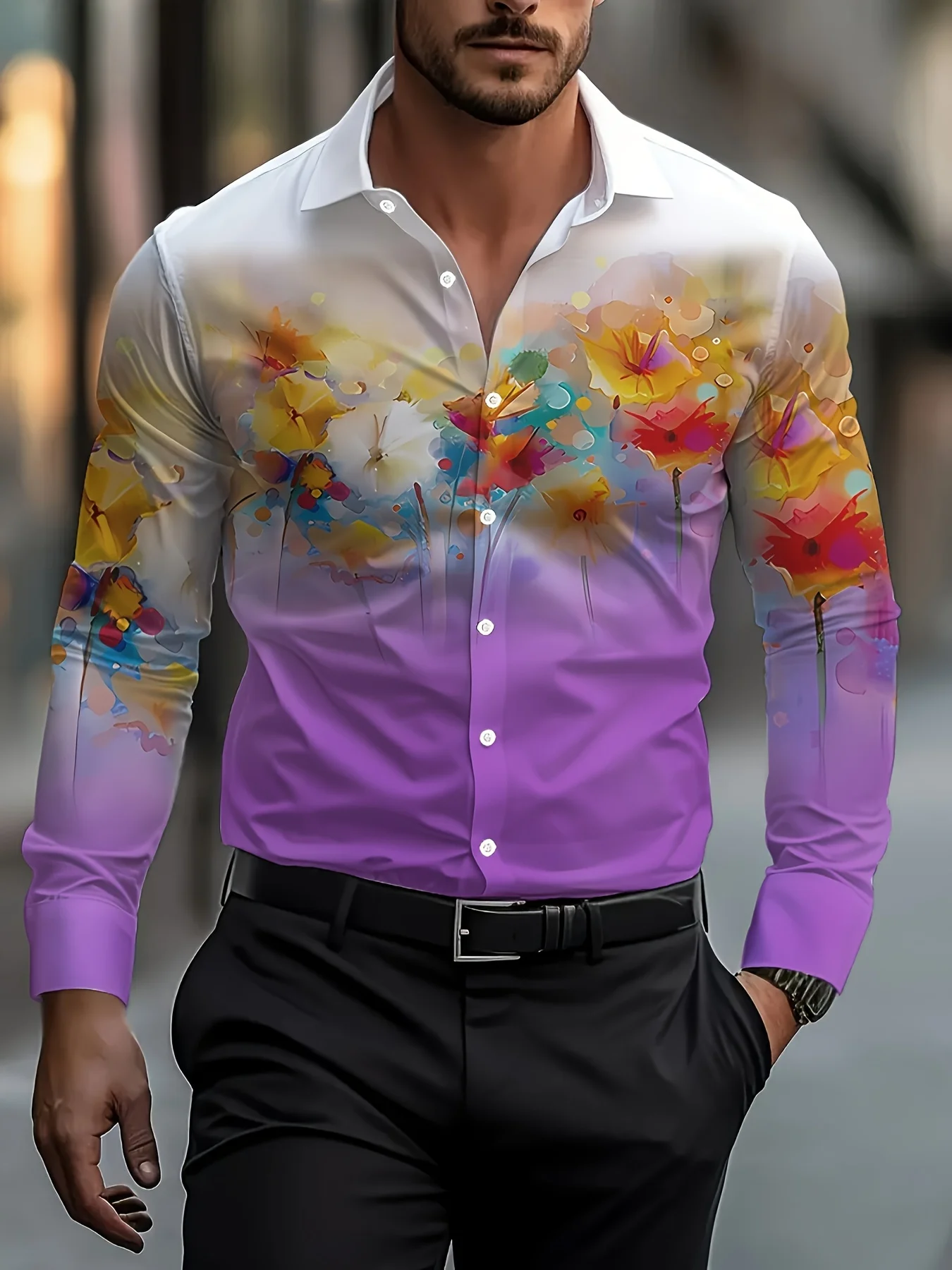 Men\'S Floral Print Long Sleeve Shirt Regular Fit, Single Breasted, Lapel Collar SpringFall Top Men\'s Clothing Men\'s Formal shirt
