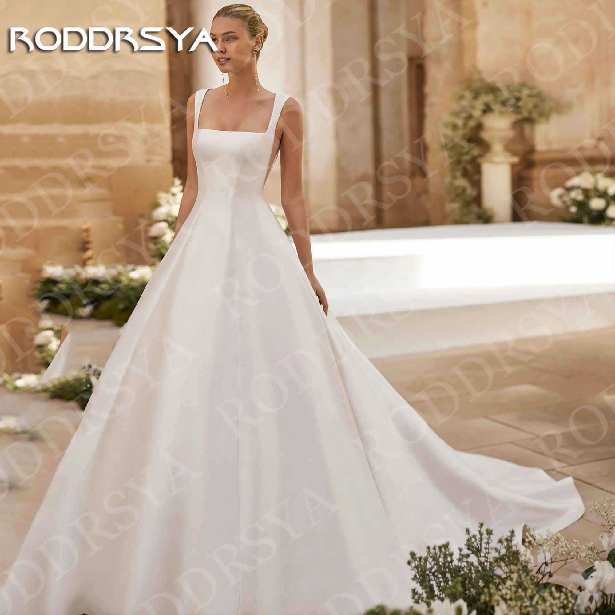 

RODDRSYA Square Neck Wedding Dress Satin Woman Simple Elegant Open Back A Line Bridal Dresses Sleeveless Customized robe mariée
