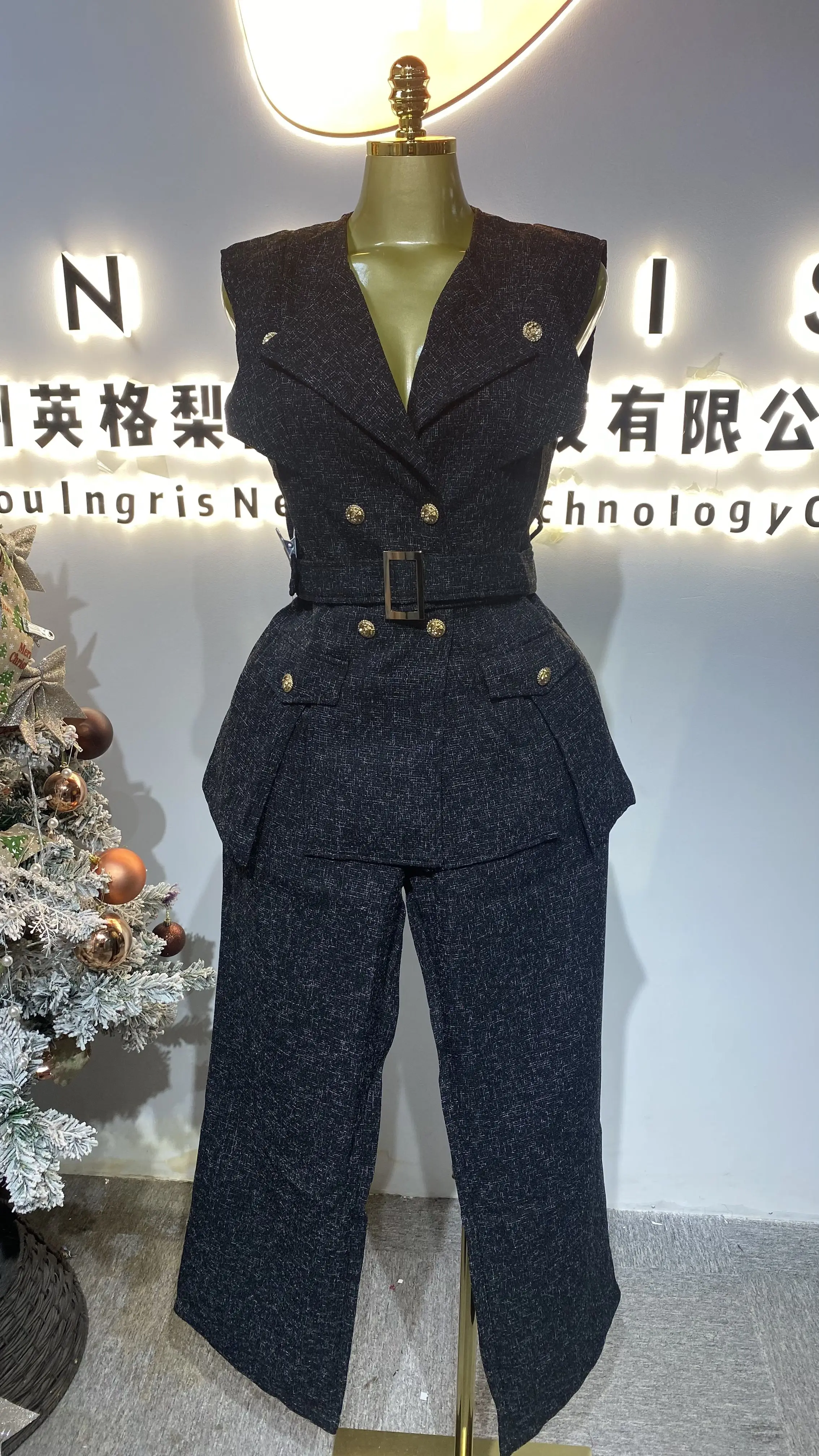 

High-quality V-neck tassel-decorated double-breasted tweed flared sleeveless mini suit dress for women-GZXX672