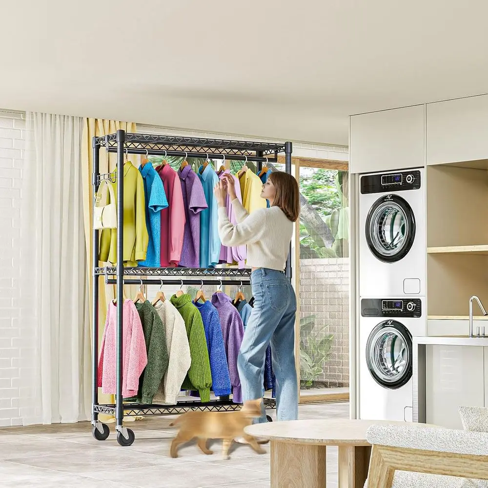 Adjustable 3-Tier Rolling Clothes Rack with 2 Rods, Side Hooks, and Wheels - Black